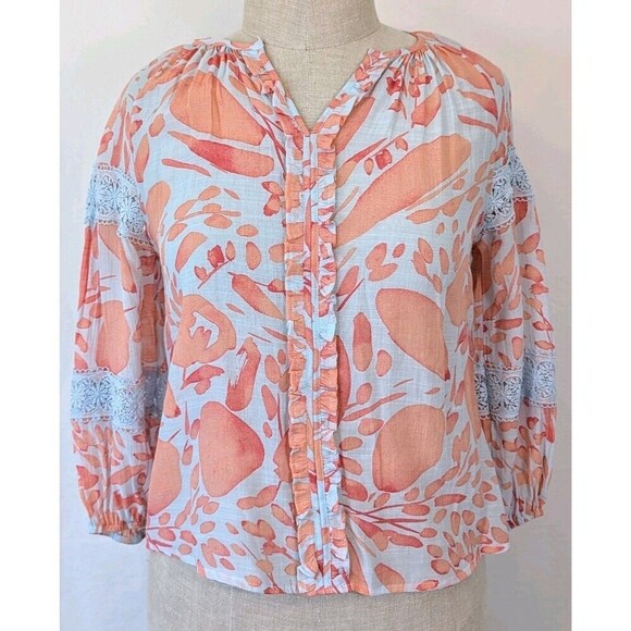 Sharagano Tops - NWT Sharagano Petite M Floral Lace Sleeve Blouse Blue Orange Rayon Blend